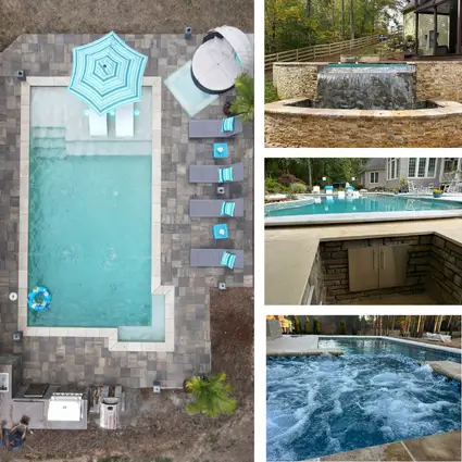 RutherfordMade poolhouse with covered seating, lighting, and pool view